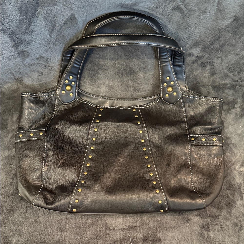 Kenneth Cole Black Pebbled Leather Shoulder Bag with Gold Studs